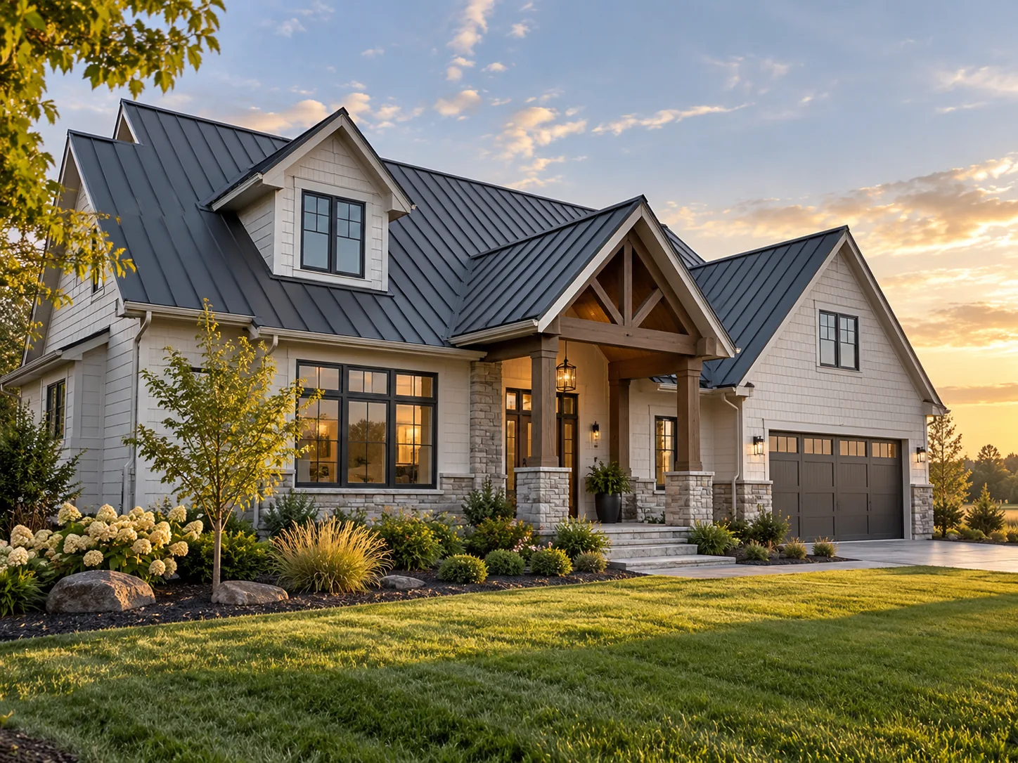 Modern home in Columbus style with a dark standing seam metal roof